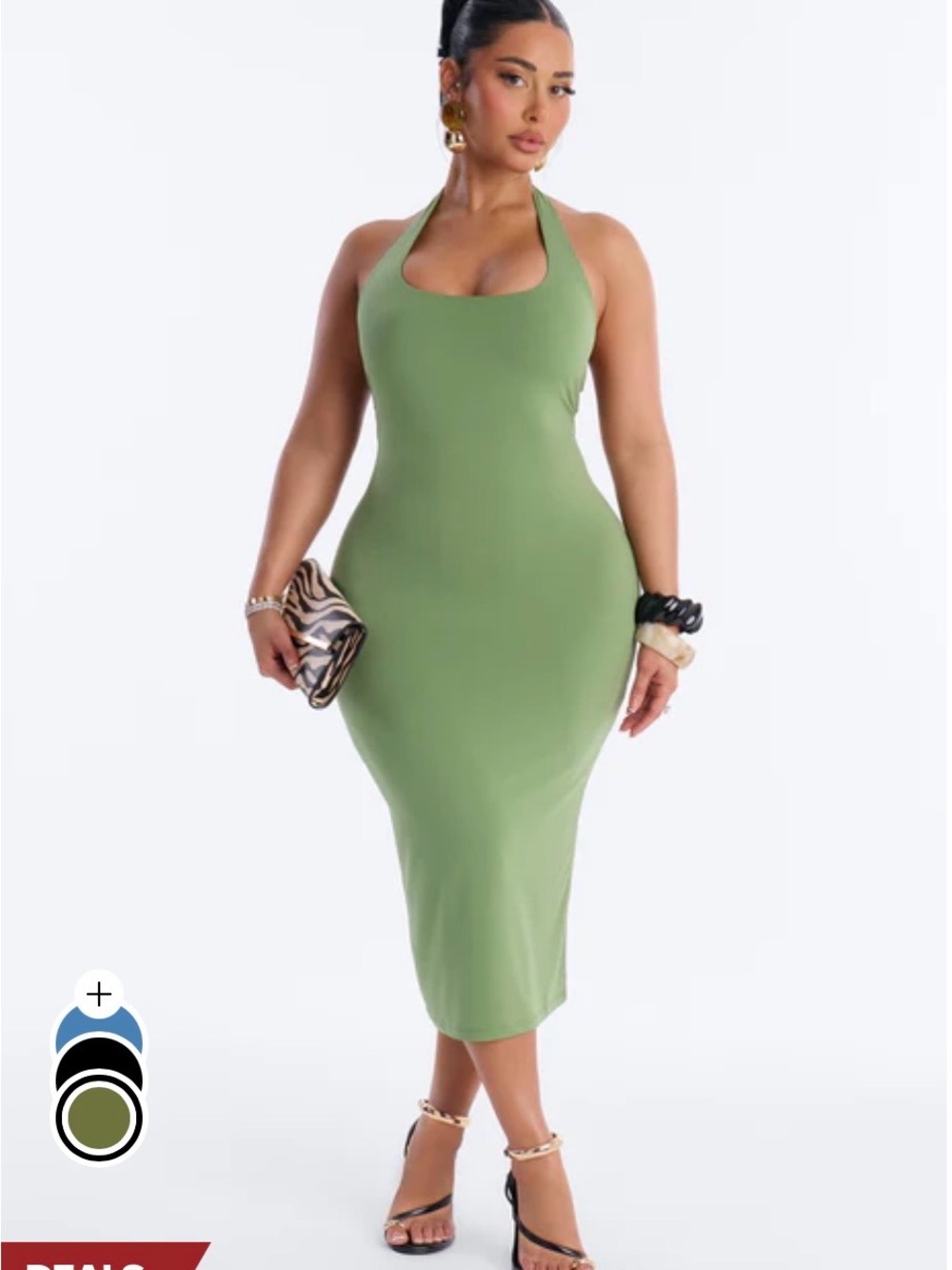 Olive Green Ribbed Halter Midi Dress